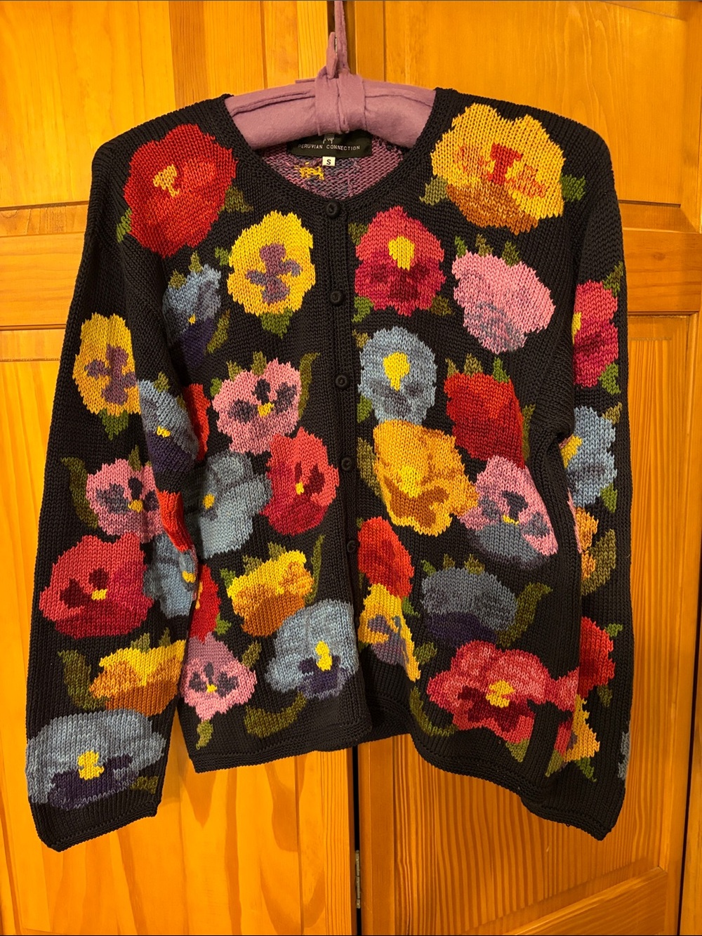 PERUVIAN CONNECTION Floral Intarsia Cardigan Sweater Soft Pima Cotton Small 🌺